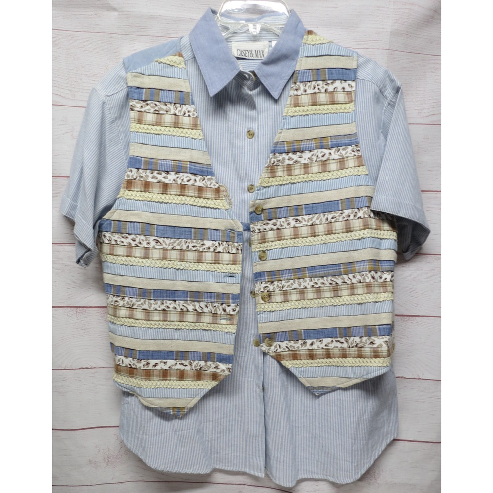 Vtg Casey & Max Blue Pinstripe Animal Print 2pc Set Vest Shirt Sz L Large